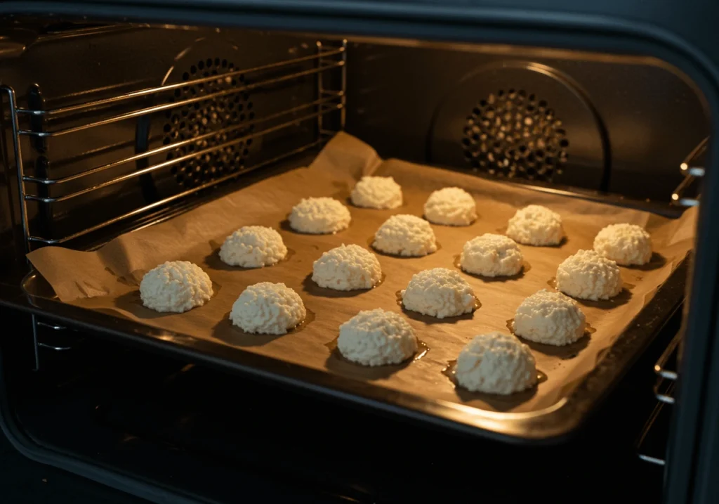 A baking sheet lined with parchment paper inside an oven, with small dollops of cottage cheese turning golden brown.