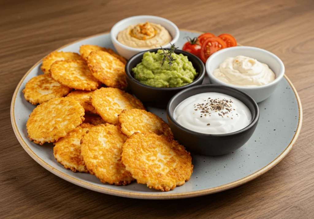 A plate of crispy cottage cheese chips served with small bowls of guacamole, hummus, and yogurt dip on a rustic wooden table.