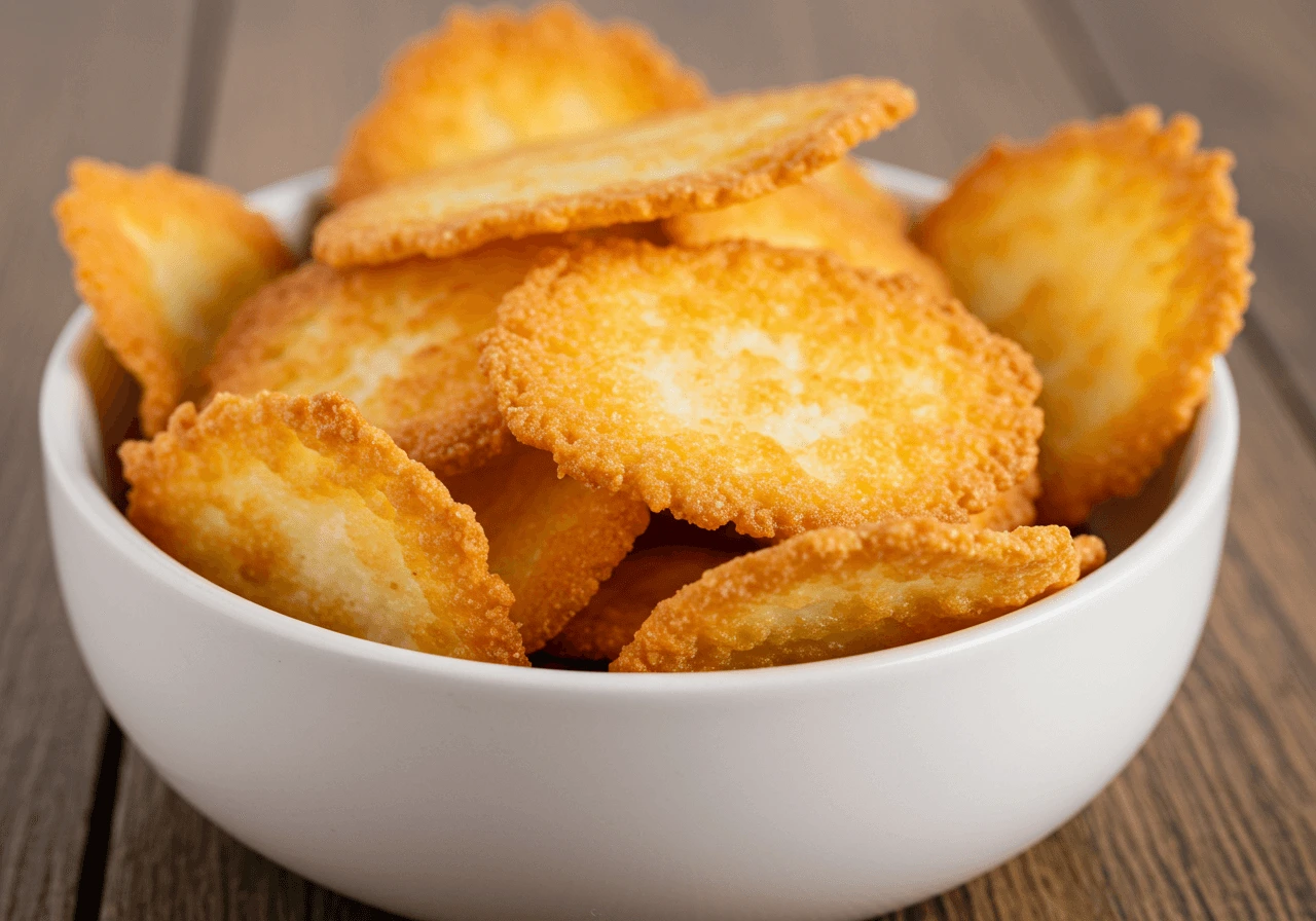 A close-up shot of crispy, golden-brown cottage cheese chips served in a white ceramic bowl on a rustic wooden background.