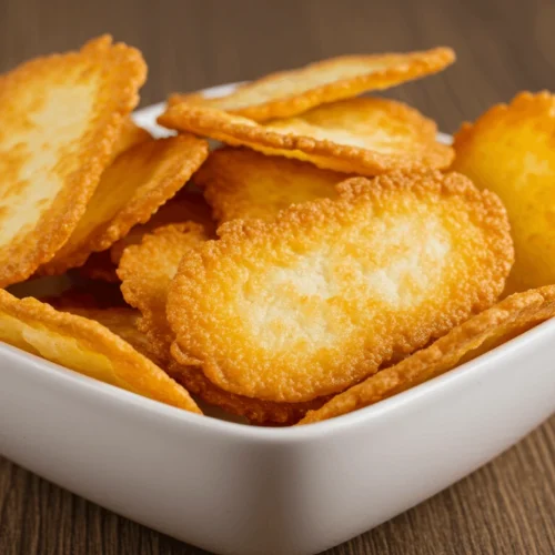 A close-up of crispy cottage cheese chips served in a white ceramic bowl on a rustic wooden table, golden brown and crunchy.