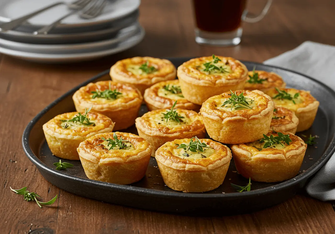 A wooden tray filled with golden, crispy mini quiches, garnished with fresh herbs and shredded cheese, set on a rustic wooden table.