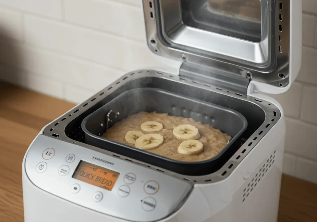 A modern bread machine with an LCD screen displaying 'Quick Bread' setting, with the lid open revealing banana bread batter rising perfectly inside.