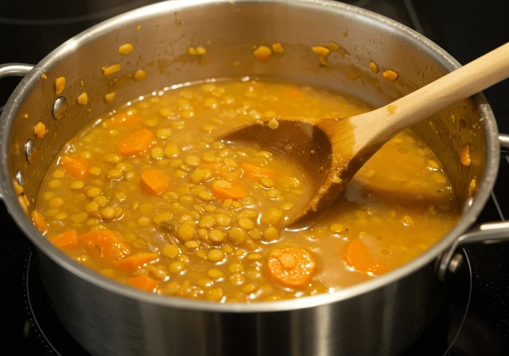 A close-up view of a simmering pot of red lentil soup with a rich golden-red broth, visible chunks of carrots and lentils, and steam rising from the pot as a wooden ladle stirs the mixture.