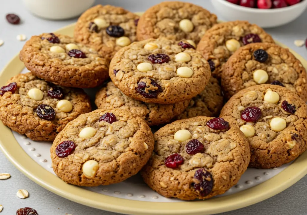 A colorful plate of oatmeal cookies with different variations, including raisins, white chocolate chips, and cranberries.