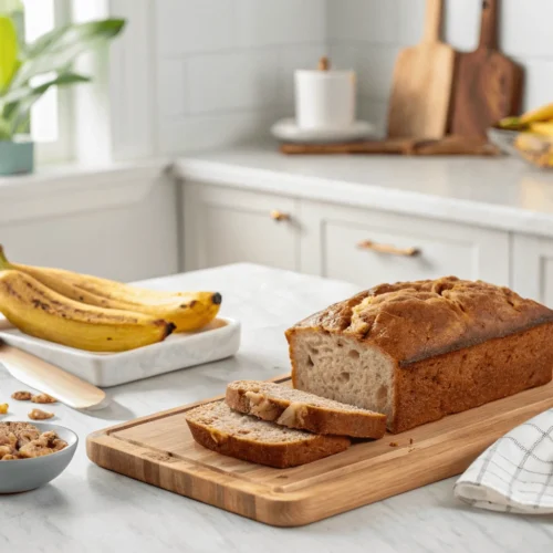 Maui banana bread sliced on a cutting board in a bright kitchen