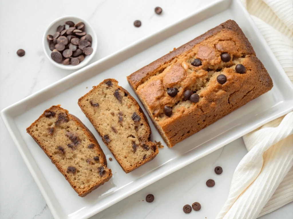 Three banana bread slice variations—vegan, chocolate chip, and nut-free—on a modern white plate with clean styling.