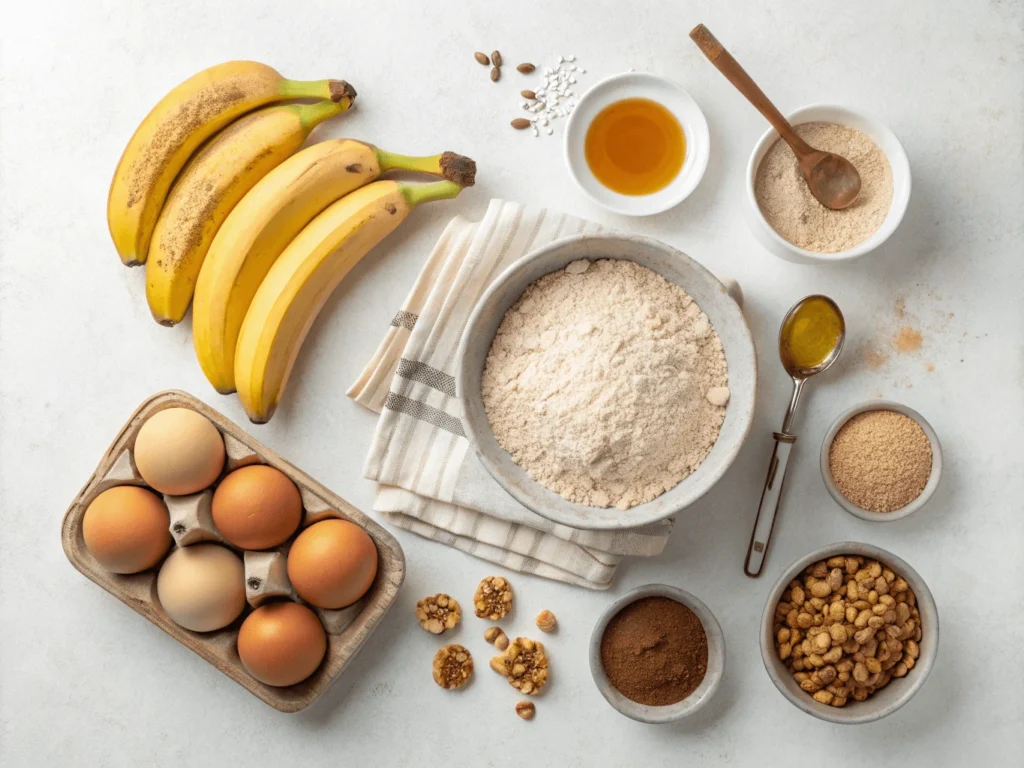 Flat lay of ingredients for spelt banana bread including ripe bananas, spelt flour, eggs, maple syrup, and oil on a white background.