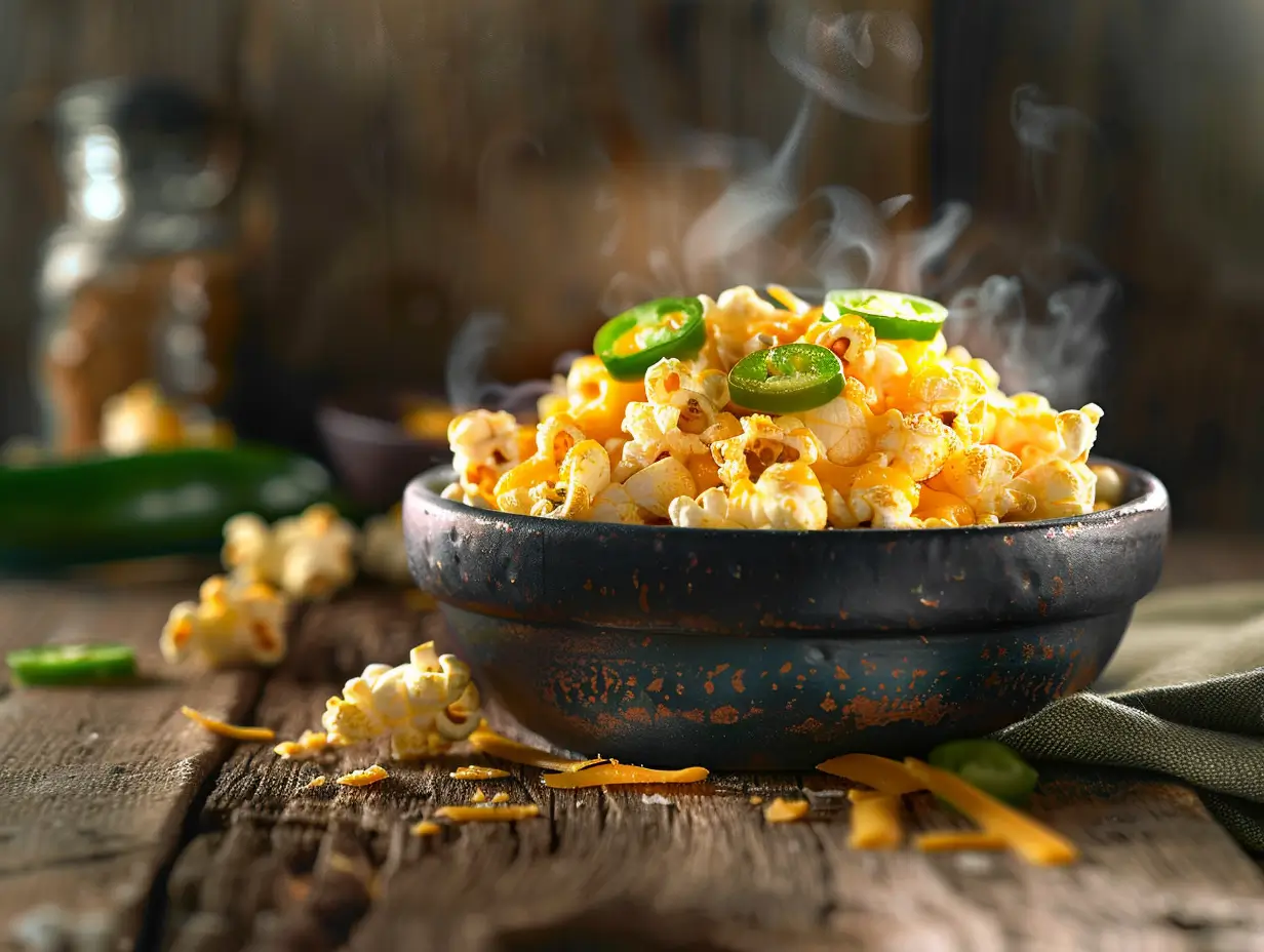 A bowl filled with spicy jalapeño cheddar popcorn, garnished with melted cheese and fresh jalapeño slices, on a rustic wooden surface