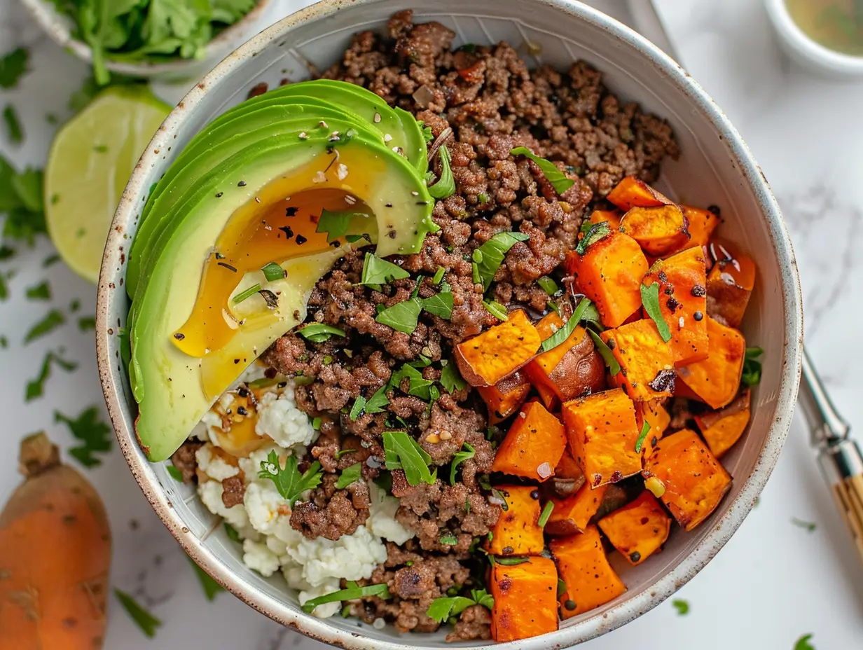 A balanced ground beef sweet potato bowl with avocado, cottage cheese, and honey drizzle in a white bowl, styled for family-friendly meals.