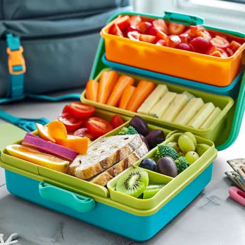 Healthy school lunchbox with sandwiches, fruits, veggies, and crackers on a wooden table
