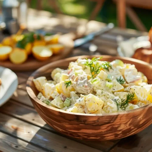 A bowl of Red Hot and Blue-style creamy potato salad with visible celery seed, set on a rustic wooden table outdoors