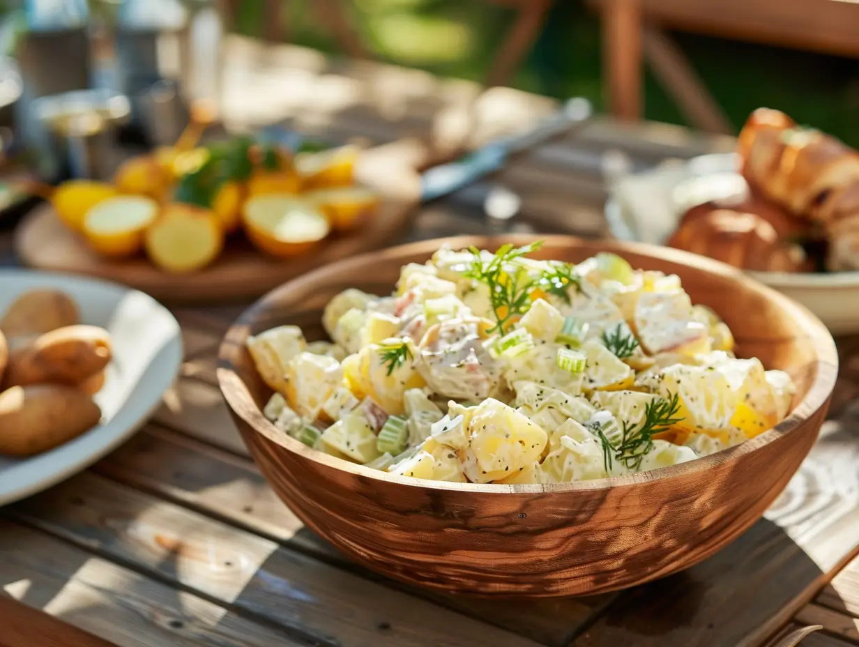 A bowl of Red Hot and Blue-style creamy potato salad with visible celery seed, set on a rustic wooden table outdoors