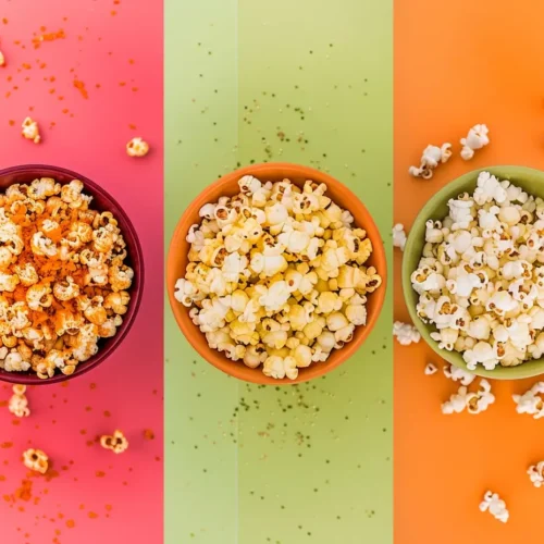 Three bowls of jalapeño popcorn in cheddar, lime, and honey flavors arranged on a colorful background.