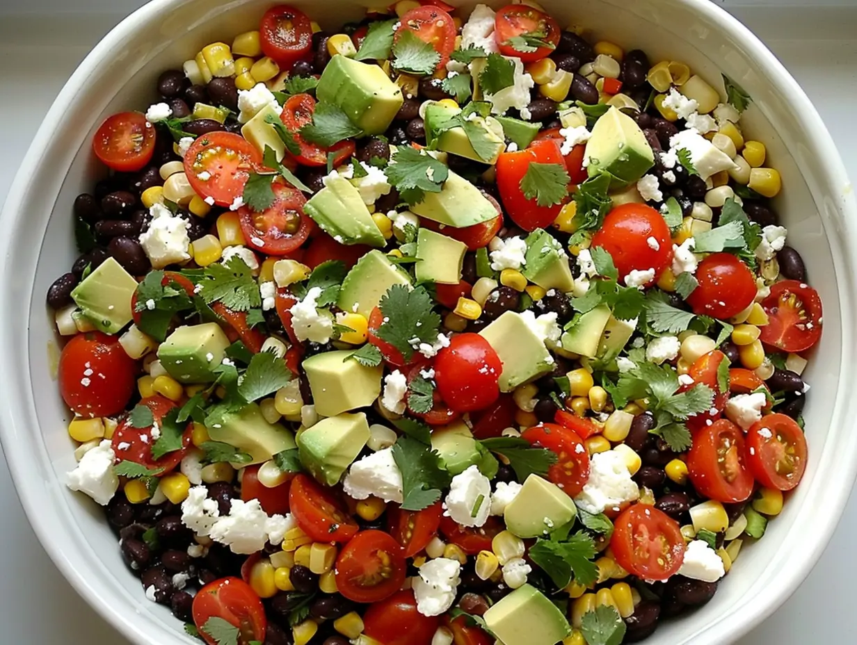 Overhead view of a black bean salad with goat cheese, avocado, corn, cherry tomatoes, and cilantro in a ceramic bowl on a wooden table