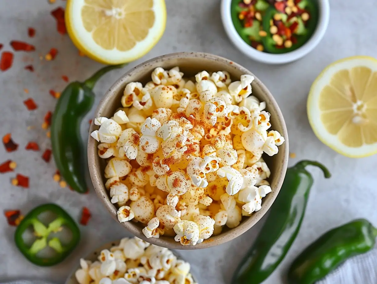 A bowl of jalapeño popcorn surrounded by fresh jalapeños, lime, and chili powder on a wooden table.
