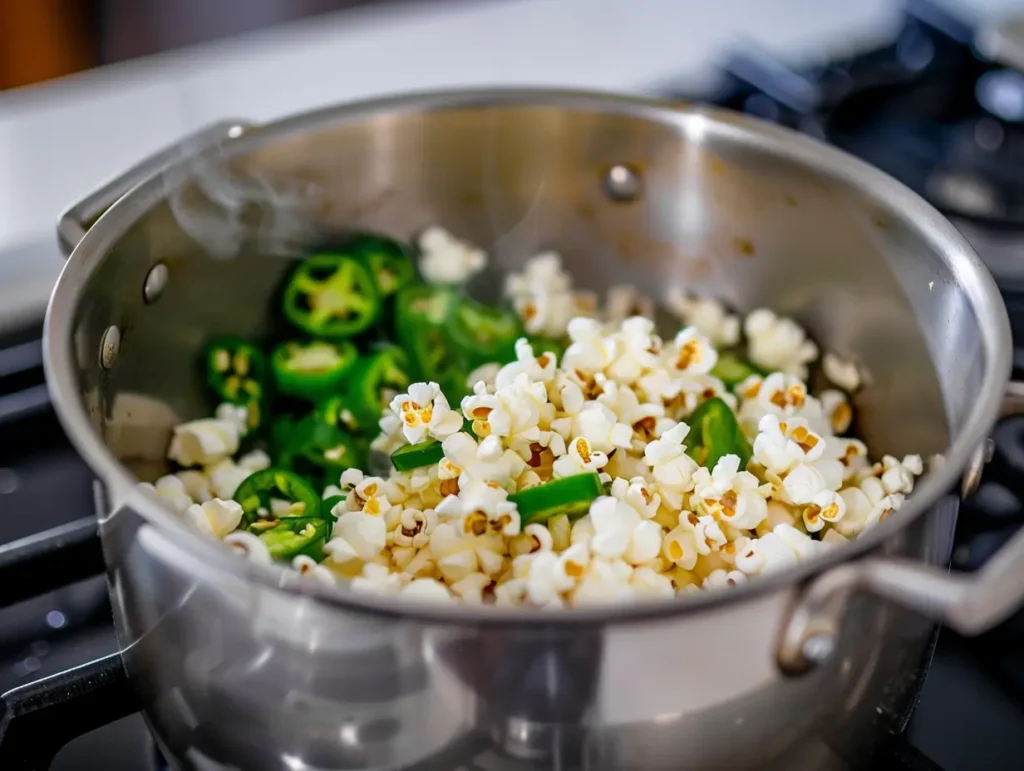 Popcorn kernels popping in a pot with sliced jalapeños sizzling in oil.