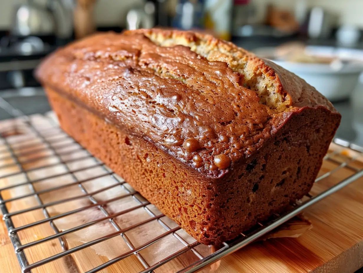 Banana bread cooling on a rack after baking in a bread machine