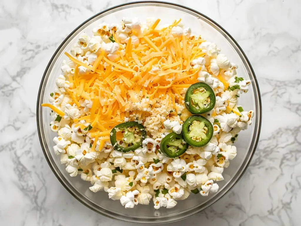 Close-up of jalapeño cheddar popcorn being mixed in a bowl with melted cheese and jalapeño slices during preparation