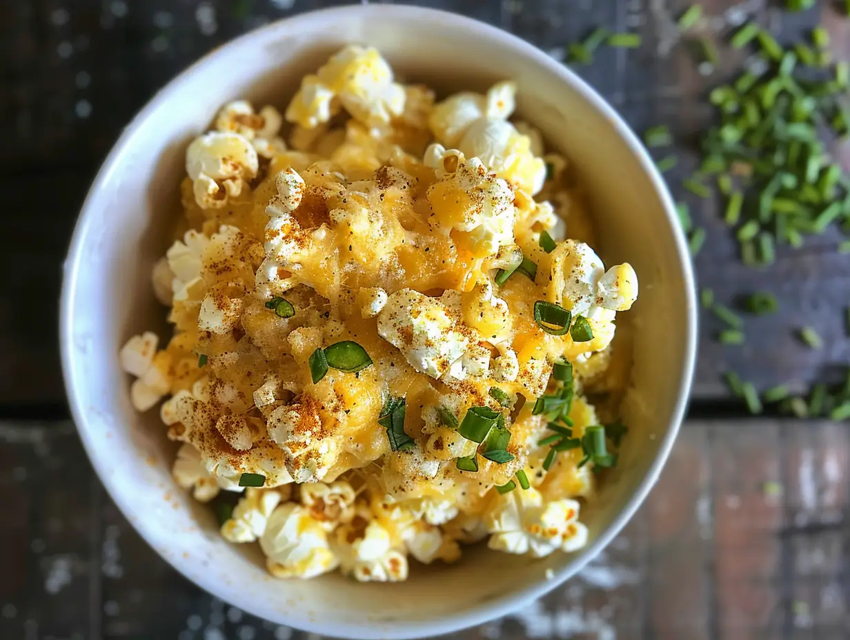 Overhead shot of jalapeño cheddar cheese popcorn in a bowl with visible cheese powder and jalapeño seasoning.