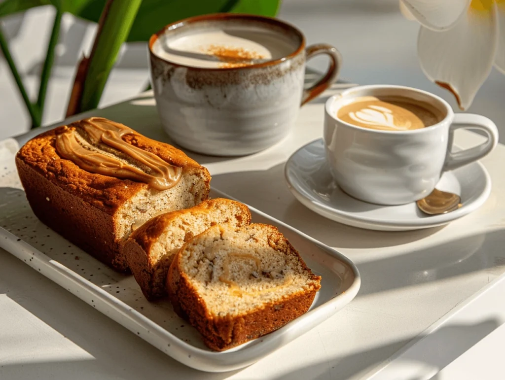 Spelt banana bread slice with almond butter on a white plate, next to a modern cup of coffee on a breakfast table.